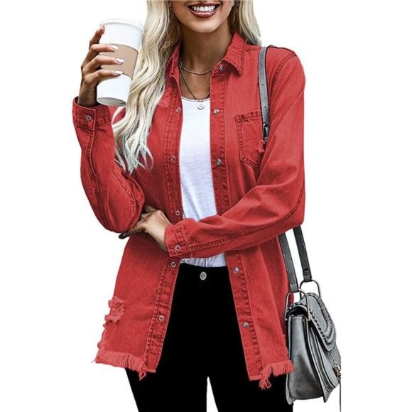 WOMEN'S Oversized Denim Jacket Casual Long A1 Red